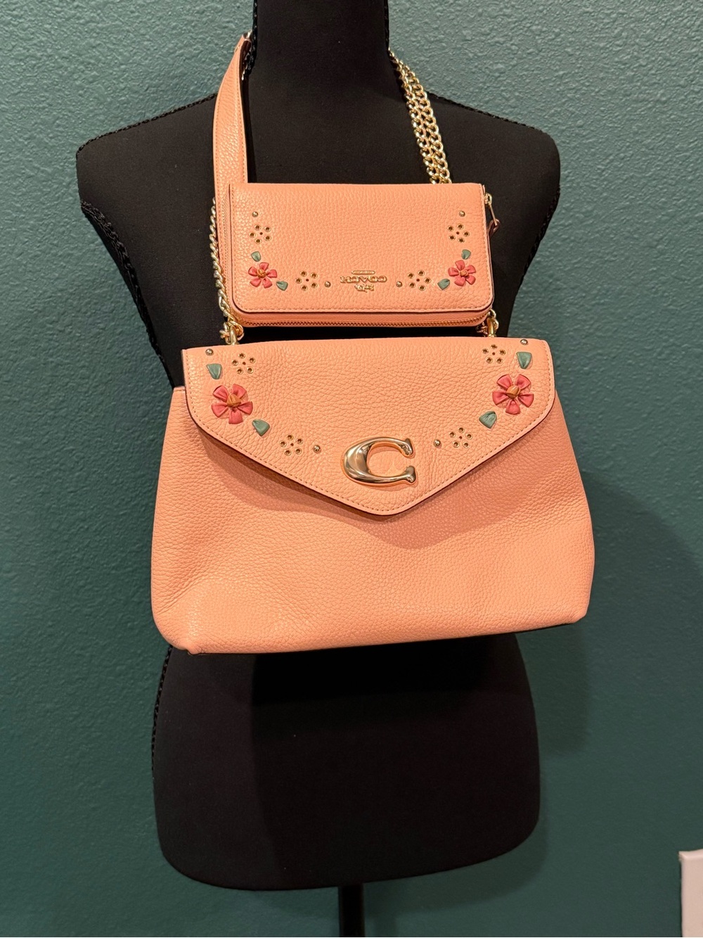 Coach Peach Pink Floral Pebbled Leather Shoulder Bag with Chain Strap